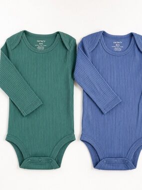 Carter's Ribbed Long-Sleeve One-Piece Bodysuits - Green & Blue